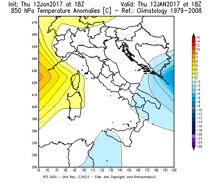 Mappa di analisi GFS - Anomalia Temperatura [°C] a 850 hPa in Italia
							del 12/01/2017 18 <!--googleoff: index-->UTC<!--googleon: index-->