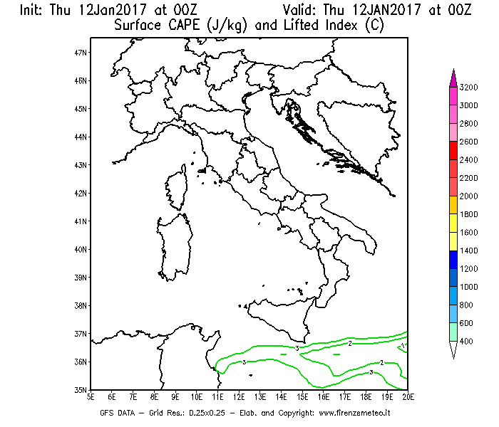 Mappa di analisi GFS - CAPE [J/kg] e Lifted Index [°C] in Italia
							del 12/01/2017 00 <!--googleoff: index-->UTC<!--googleon: index-->