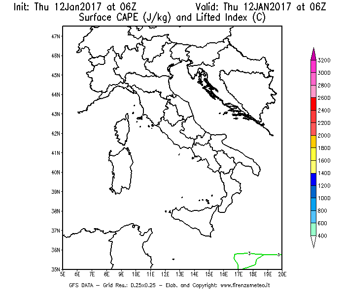 Mappa di analisi GFS - CAPE [J/kg] e Lifted Index [°C] in Italia
							del 12/01/2017 06 <!--googleoff: index-->UTC<!--googleon: index-->