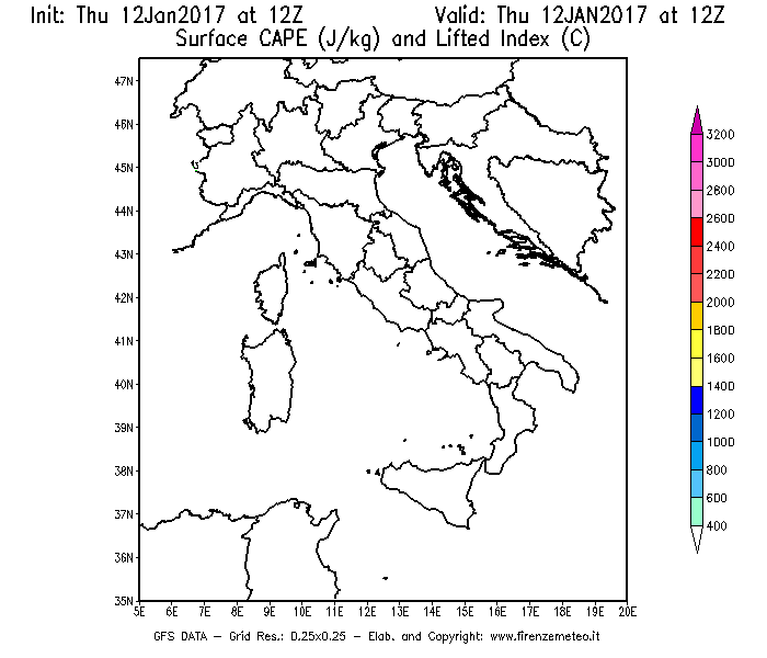 Mappa di analisi GFS - CAPE [J/kg] e Lifted Index [°C] in Italia
							del 12/01/2017 12 <!--googleoff: index-->UTC<!--googleon: index-->
