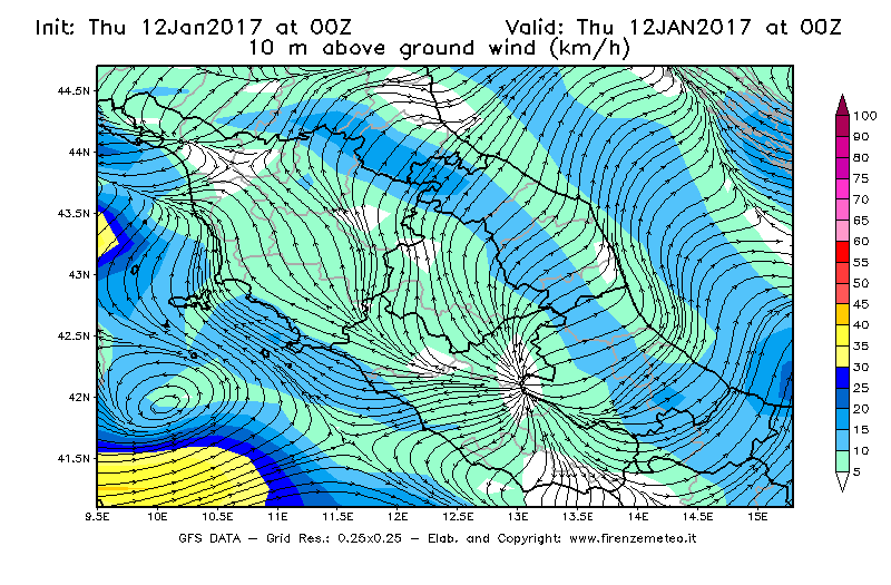Mappa di analisi GFS - Velocità del vento a 10 metri dal suolo [km/h] in Centro-Italia
							del 12/01/2017 00 <!--googleoff: index-->UTC<!--googleon: index-->