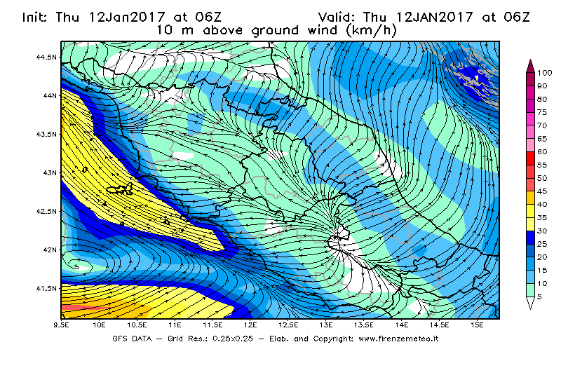 Mappa di analisi GFS - Velocità del vento a 10 metri dal suolo [km/h] in Centro-Italia
							del 12/01/2017 06 <!--googleoff: index-->UTC<!--googleon: index-->