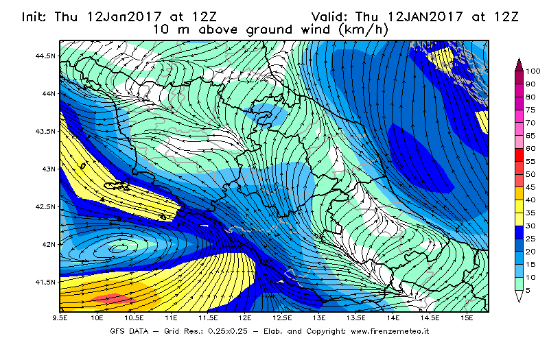 Mappa di analisi GFS - Velocità del vento a 10 metri dal suolo [km/h] in Centro-Italia
							del 12/01/2017 12 <!--googleoff: index-->UTC<!--googleon: index-->