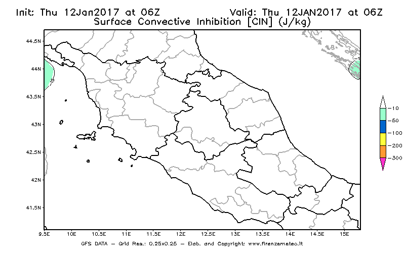 Mappa di analisi GFS - CIN [J/kg] in Centro-Italia
							del 12/01/2017 06 <!--googleoff: index-->UTC<!--googleon: index-->
