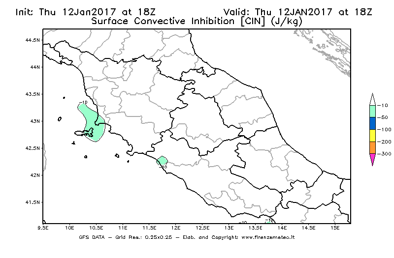 Mappa di analisi GFS - CIN [J/kg] in Centro-Italia
							del 12/01/2017 18 <!--googleoff: index-->UTC<!--googleon: index-->