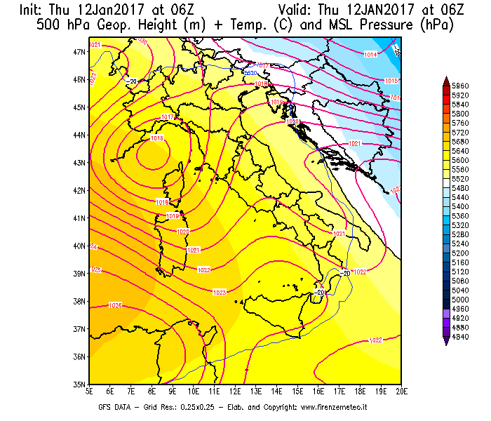 Mappa di analisi GFS - Geopotenziale [m] + Temp. [°C] a 500 hPa + Press. a livello del mare [hPa] in Italia
							del 12/01/2017 06 <!--googleoff: index-->UTC<!--googleon: index-->