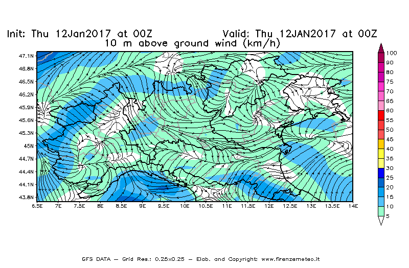Mappa di analisi GFS - Velocità del vento a 10 metri dal suolo [km/h] in Nord-Italia
							del 12/01/2017 00 <!--googleoff: index-->UTC<!--googleon: index-->