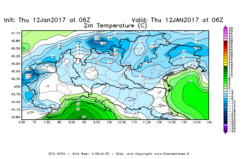 Mappa di analisi GFS - Temperatura a 2 metri dal suolo [°C] in Nord-Italia
							del 12/01/2017 06 <!--googleoff: index-->UTC<!--googleon: index-->