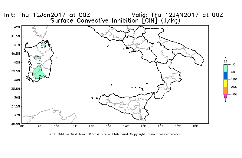 Mappa di analisi GFS - CIN [J/kg] in Sud-Italia
							del 12/01/2017 00 <!--googleoff: index-->UTC<!--googleon: index-->