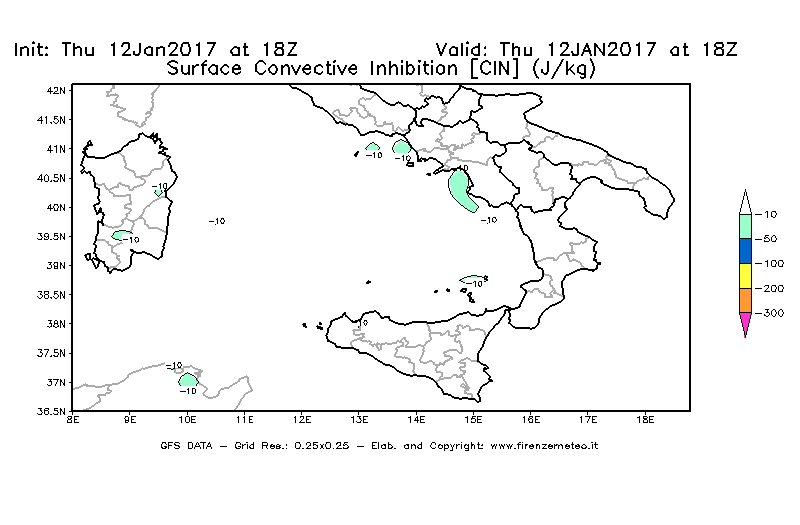Mappa di analisi GFS - CIN [J/kg] in Sud-Italia
							del 12/01/2017 18 <!--googleoff: index-->UTC<!--googleon: index-->
