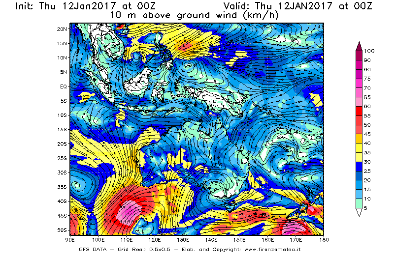 Mappa di analisi GFS - Velocità del vento a 10 metri dal suolo [km/h] in Oceania
							del 12/01/2017 00 <!--googleoff: index-->UTC<!--googleon: index-->