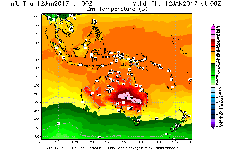 Mappa di analisi GFS - Temperatura a 2 metri dal suolo [°C] in Oceania
							del 12/01/2017 00 <!--googleoff: index-->UTC<!--googleon: index-->
