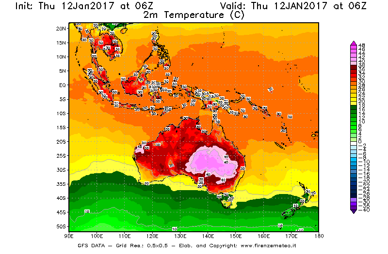 Mappa di analisi GFS - Temperatura a 2 metri dal suolo [°C] in Oceania
							del 12/01/2017 06 <!--googleoff: index-->UTC<!--googleon: index-->