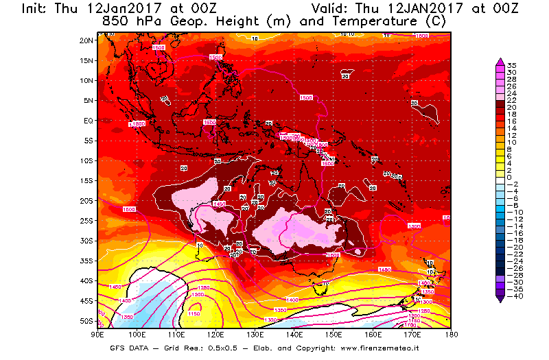 Mappa di analisi GFS - Geopotenziale [m] e Temperatura [°C] a 850 hPa in Oceania
							del 12/01/2017 00 <!--googleoff: index-->UTC<!--googleon: index-->