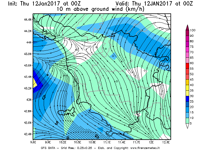 Mappa di analisi GFS - Velocità del vento a 10 metri dal suolo [km/h] in Toscana
							del 12/01/2017 00 <!--googleoff: index-->UTC<!--googleon: index-->