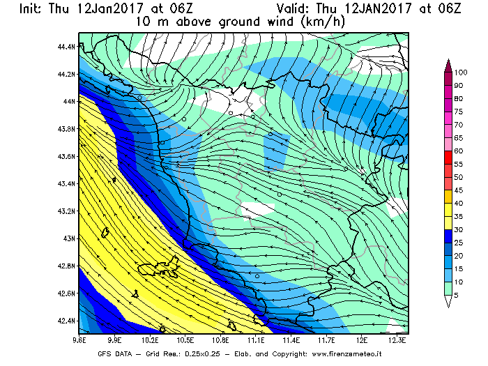 Mappa di analisi GFS - Velocità del vento a 10 metri dal suolo [km/h] in Toscana
							del 12/01/2017 06 <!--googleoff: index-->UTC<!--googleon: index-->