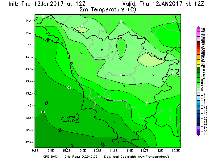 Mappa di analisi GFS - Temperatura a 2 metri dal suolo [°C] in Toscana
							del 12/01/2017 12 <!--googleoff: index-->UTC<!--googleon: index-->