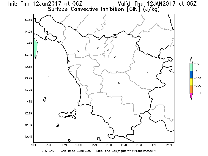 Mappa di analisi GFS - CIN [J/kg] in Toscana
							del 12/01/2017 06 <!--googleoff: index-->UTC<!--googleon: index-->