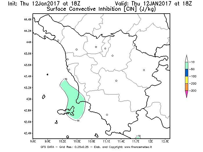Mappa di analisi GFS - CIN [J/kg] in Toscana
							del 12/01/2017 18 <!--googleoff: index-->UTC<!--googleon: index-->
