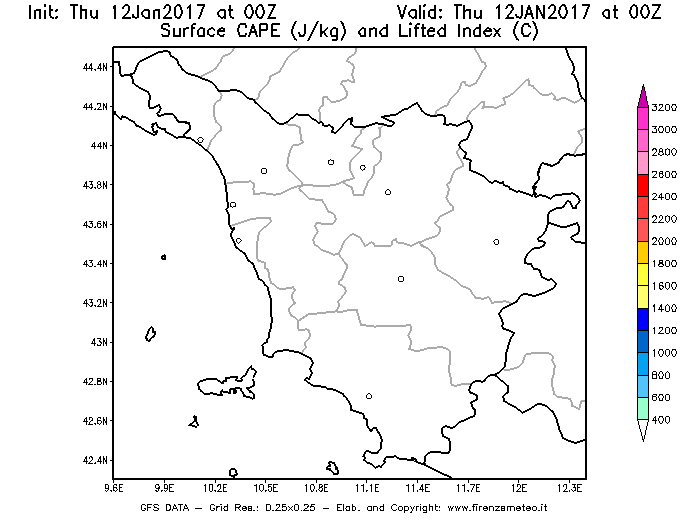 Mappa di analisi GFS - CAPE [J/kg] e Lifted Index [°C] in Toscana
							del 12/01/2017 00 <!--googleoff: index-->UTC<!--googleon: index-->