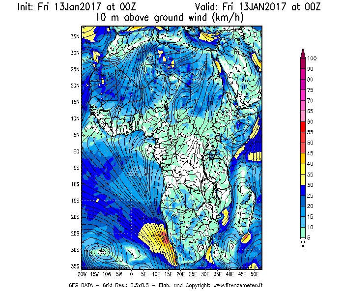 Mappa di analisi GFS - Velocità del vento a 10 metri dal suolo [km/h] in Africa
							del 13/01/2017 00 <!--googleoff: index-->UTC<!--googleon: index-->