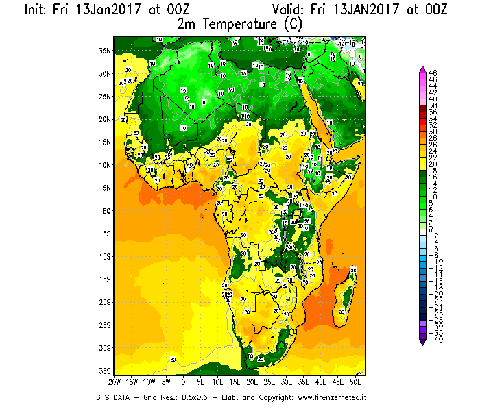 Mappa di analisi GFS - Temperatura a 2 metri dal suolo [°C] in Africa
							del 13/01/2017 00 <!--googleoff: index-->UTC<!--googleon: index-->