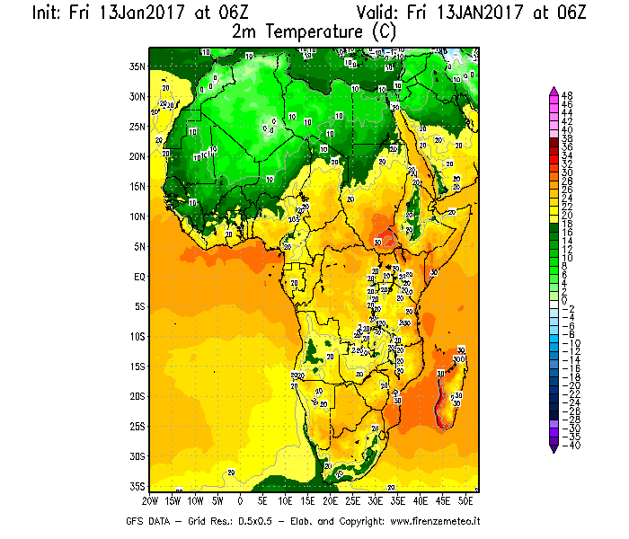 Mappa di analisi GFS - Temperatura a 2 metri dal suolo [°C] in Africa
							del 13/01/2017 06 <!--googleoff: index-->UTC<!--googleon: index-->
