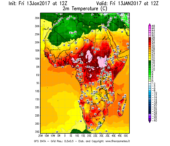 Mappa di analisi GFS - Temperatura a 2 metri dal suolo [°C] in Africa
							del 13/01/2017 12 <!--googleoff: index-->UTC<!--googleon: index-->