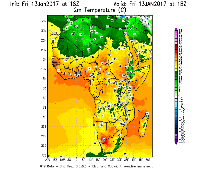 Mappa di analisi GFS - Temperatura a 2 metri dal suolo [°C] in Africa
							del 13/01/2017 18 <!--googleoff: index-->UTC<!--googleon: index-->
