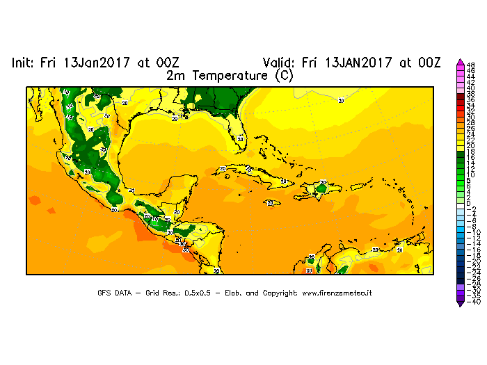 Mappa di analisi GFS - Temperatura a 2 metri dal suolo [°C] in Centro-America
							del 13/01/2017 00 <!--googleoff: index-->UTC<!--googleon: index-->