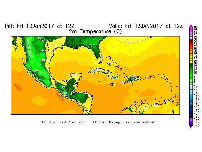 Mappa di analisi GFS - Temperatura a 2 metri dal suolo [°C] in Centro-America
									del 13/01/2017 12 <!--googleoff: index-->UTC<!--googleon: index-->