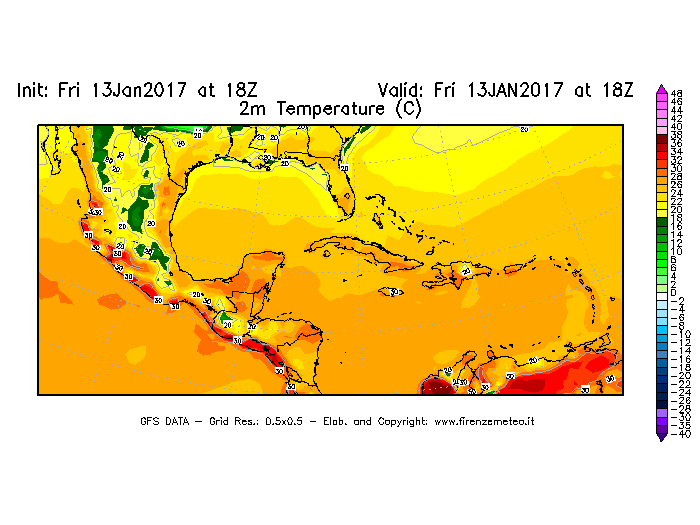 Mappa di analisi GFS - Temperatura a 2 metri dal suolo [°C] in Centro-America
							del 13/01/2017 18 <!--googleoff: index-->UTC<!--googleon: index-->