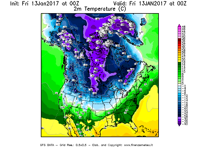 Mappa di analisi GFS - Temperatura a 2 metri dal suolo [°C] in Nord-America
									del 13/01/2017 00 <!--googleoff: index-->UTC<!--googleon: index-->