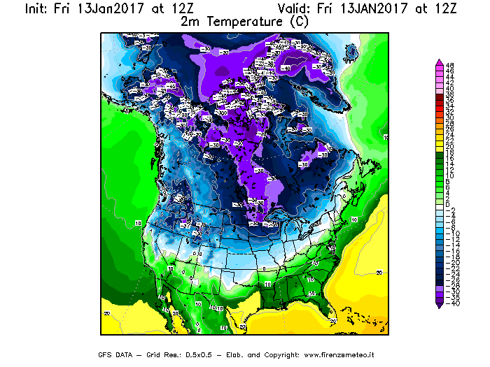 Mappa di analisi GFS - Temperatura a 2 metri dal suolo [°C] in Nord-America
							del 13/01/2017 12 <!--googleoff: index-->UTC<!--googleon: index-->