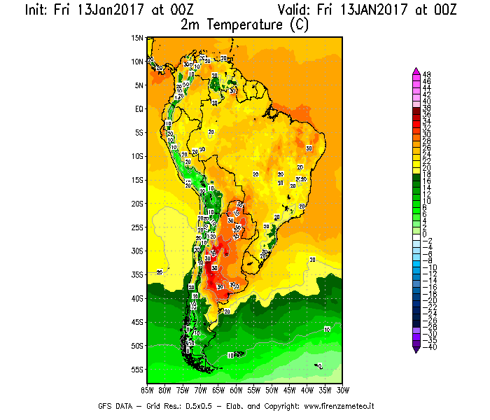 Mappa di analisi GFS - Temperatura a 2 metri dal suolo [°C] in Sud-America
							del 13/01/2017 00 <!--googleoff: index-->UTC<!--googleon: index-->
