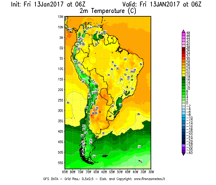 Mappa di analisi GFS - Temperatura a 2 metri dal suolo [°C] in Sud-America
							del 13/01/2017 06 <!--googleoff: index-->UTC<!--googleon: index-->