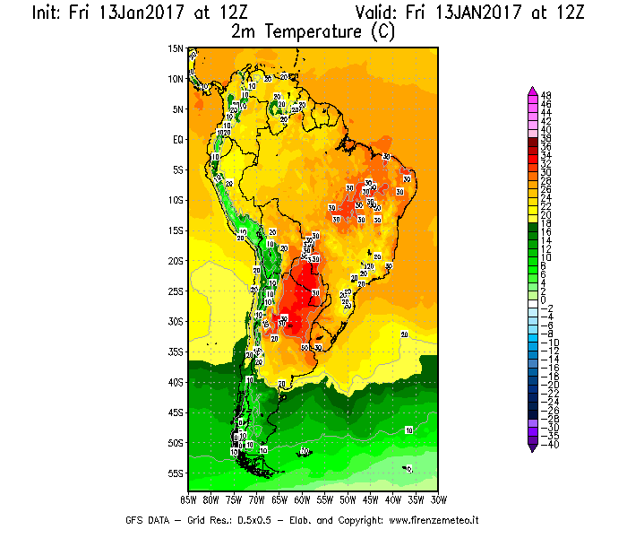 Mappa di analisi GFS - Temperatura a 2 metri dal suolo [°C] in Sud-America
									del 13/01/2017 12 <!--googleoff: index-->UTC<!--googleon: index-->