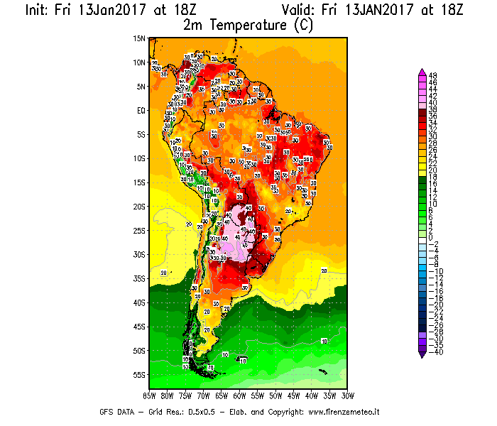 Mappa di analisi GFS - Temperatura a 2 metri dal suolo [°C] in Sud-America
							del 13/01/2017 18 <!--googleoff: index-->UTC<!--googleon: index-->