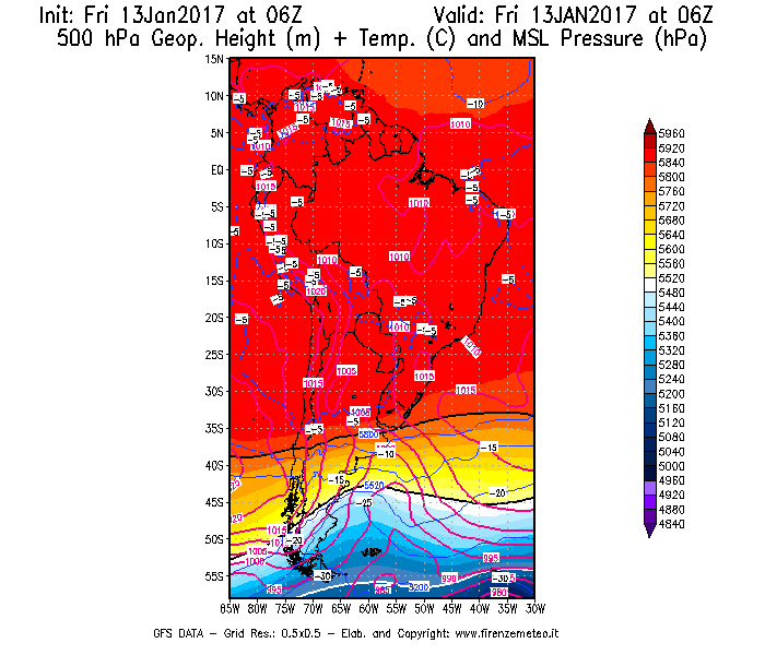 Mappa di analisi GFS - Geopotenziale [m] + Temp. [°C] a 500 hPa + Press. a livello del mare [hPa] in Sud-America
							del 13/01/2017 06 <!--googleoff: index-->UTC<!--googleon: index-->