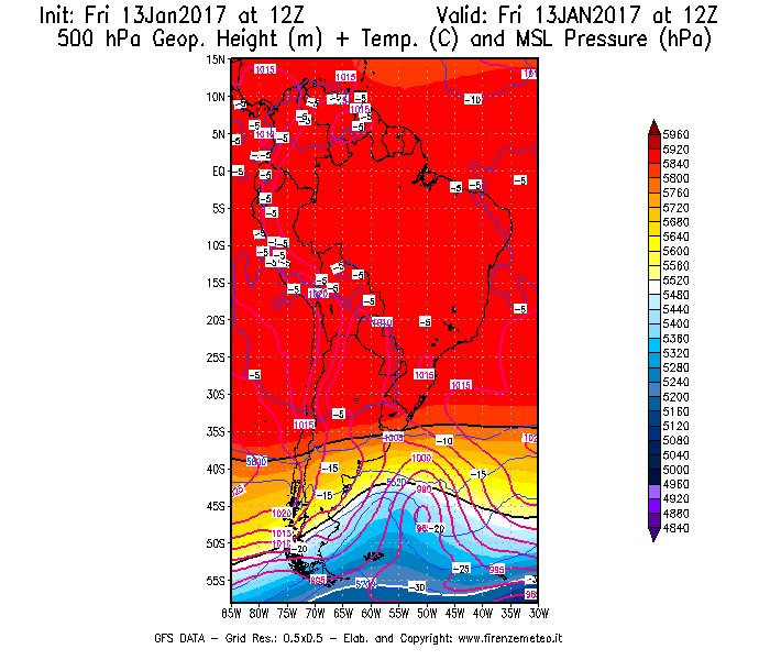 Mappa di analisi GFS - Geopotenziale [m] + Temp. [°C] a 500 hPa + Press. a livello del mare [hPa] in Sud-America
							del 13/01/2017 12 <!--googleoff: index-->UTC<!--googleon: index-->