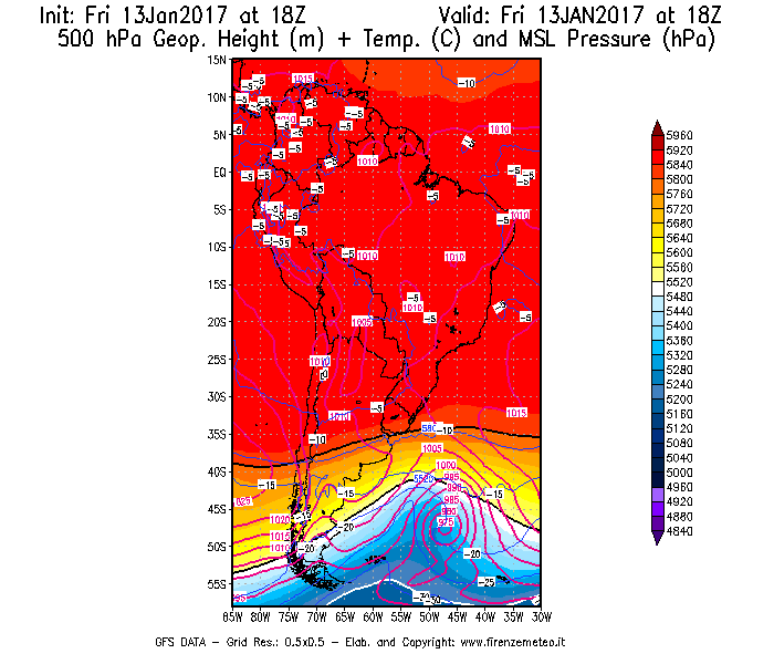 Mappa di analisi GFS - Geopotenziale [m] + Temp. [°C] a 500 hPa + Press. a livello del mare [hPa] in Sud-America
							del 13/01/2017 18 <!--googleoff: index-->UTC<!--googleon: index-->