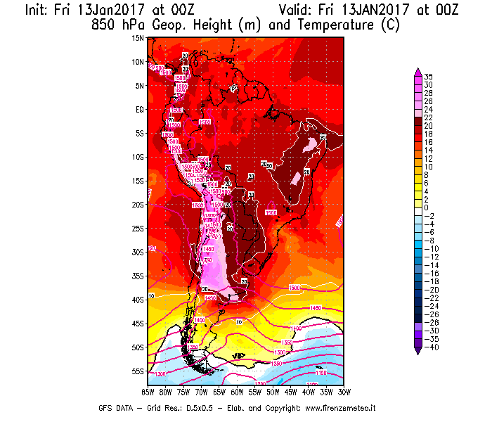 Mappa di analisi GFS - Geopotenziale [m] e Temperatura [°C] a 850 hPa in Sud-America
							del 13/01/2017 00 <!--googleoff: index-->UTC<!--googleon: index-->