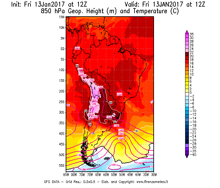 Mappa di analisi GFS - Geopotenziale [m] e Temperatura [°C] a 850 hPa in Sud-America
							del 13/01/2017 12 <!--googleoff: index-->UTC<!--googleon: index-->