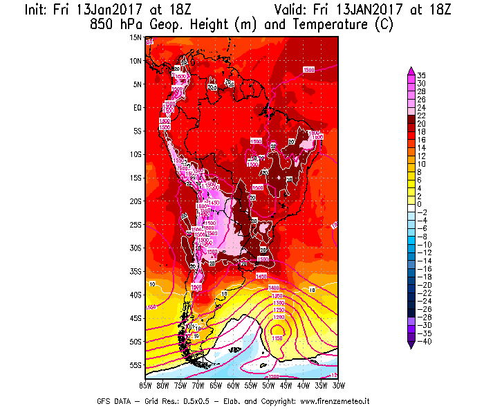 Mappa di analisi GFS - Geopotenziale [m] e Temperatura [°C] a 850 hPa in Sud-America
							del 13/01/2017 18 <!--googleoff: index-->UTC<!--googleon: index-->