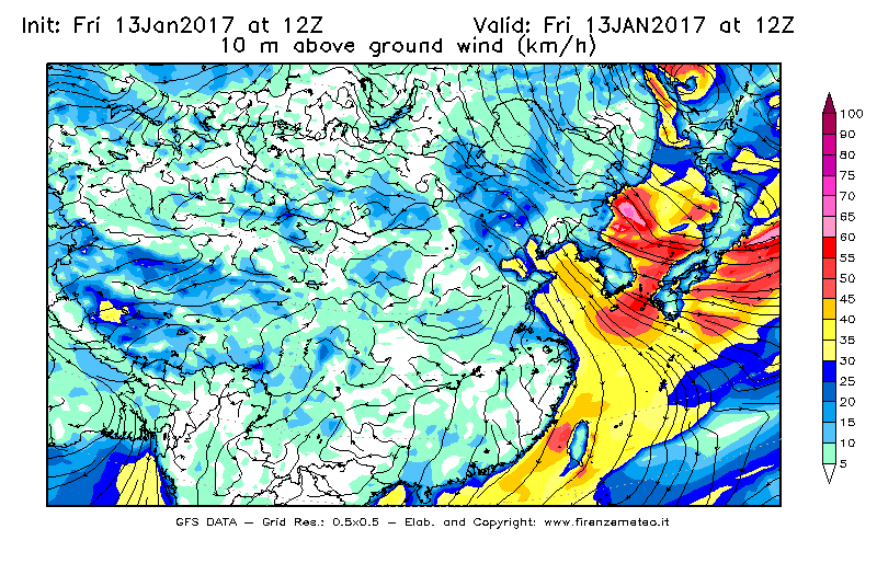 Mappa di analisi GFS - Velocità del vento a 10 metri dal suolo [km/h] in Asia Orientale
									del 13/01/2017 12 <!--googleoff: index-->UTC<!--googleon: index-->