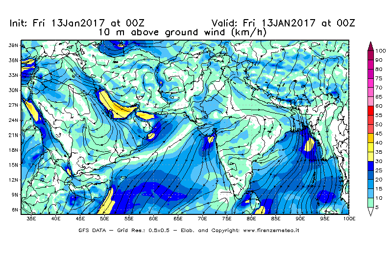 Mappa di analisi GFS - Velocità del vento a 10 metri dal suolo [km/h] in Asia Sud-Occidentale
							del 13/01/2017 00 <!--googleoff: index-->UTC<!--googleon: index-->