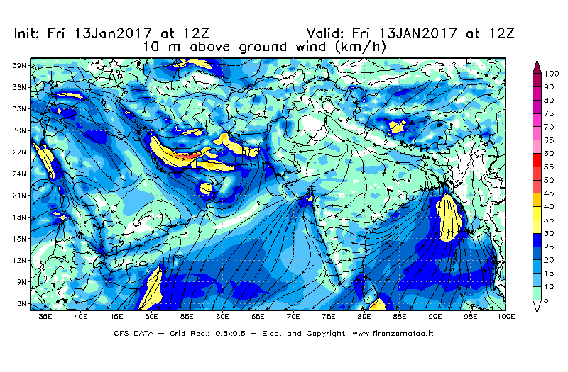 Mappa di analisi GFS - Velocità del vento a 10 metri dal suolo [km/h] in Asia Sud-Occidentale
									del 13/01/2017 12 <!--googleoff: index-->UTC<!--googleon: index-->