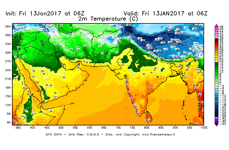 Mappa di analisi GFS - Temperatura a 2 metri dal suolo [°C] in Asia Sud-Occidentale
							del 13/01/2017 06 <!--googleoff: index-->UTC<!--googleon: index-->