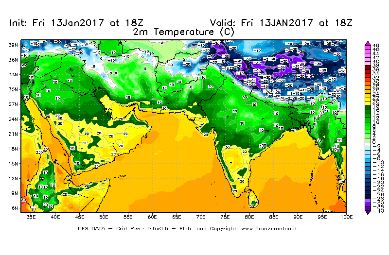 Mappa di analisi GFS - Temperatura a 2 metri dal suolo [°C] in Asia Sud-Occidentale
							del 13/01/2017 18 <!--googleoff: index-->UTC<!--googleon: index-->