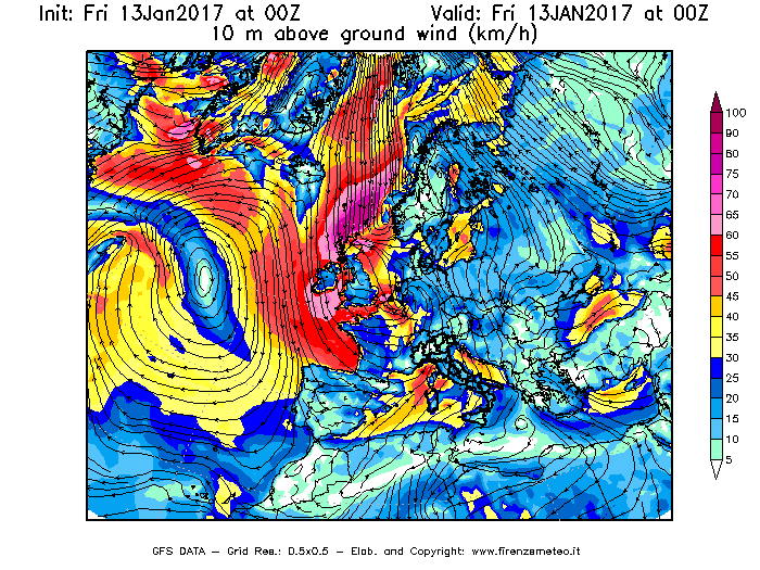 Mappa di analisi GFS - Velocità del vento a 10 metri dal suolo [km/h] in Europa
							del 13/01/2017 00 <!--googleoff: index-->UTC<!--googleon: index-->